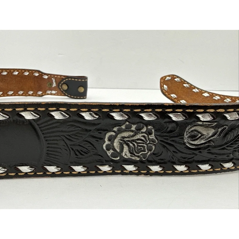 Vtg Hand Tooled Black Leather Belt Roses Embossed 